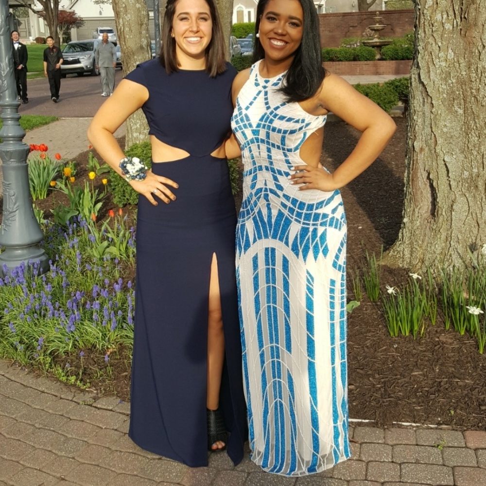 Blue and Cream Beaded Prom Dress
